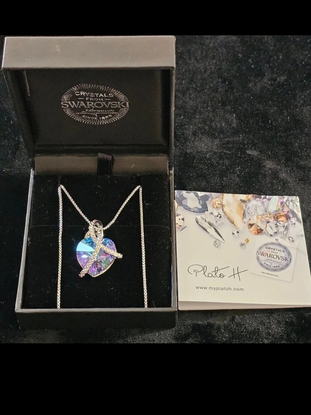 Plato H Swarovski Aurora Borealis Heart Necklace Crystal Pendant Silver Tone